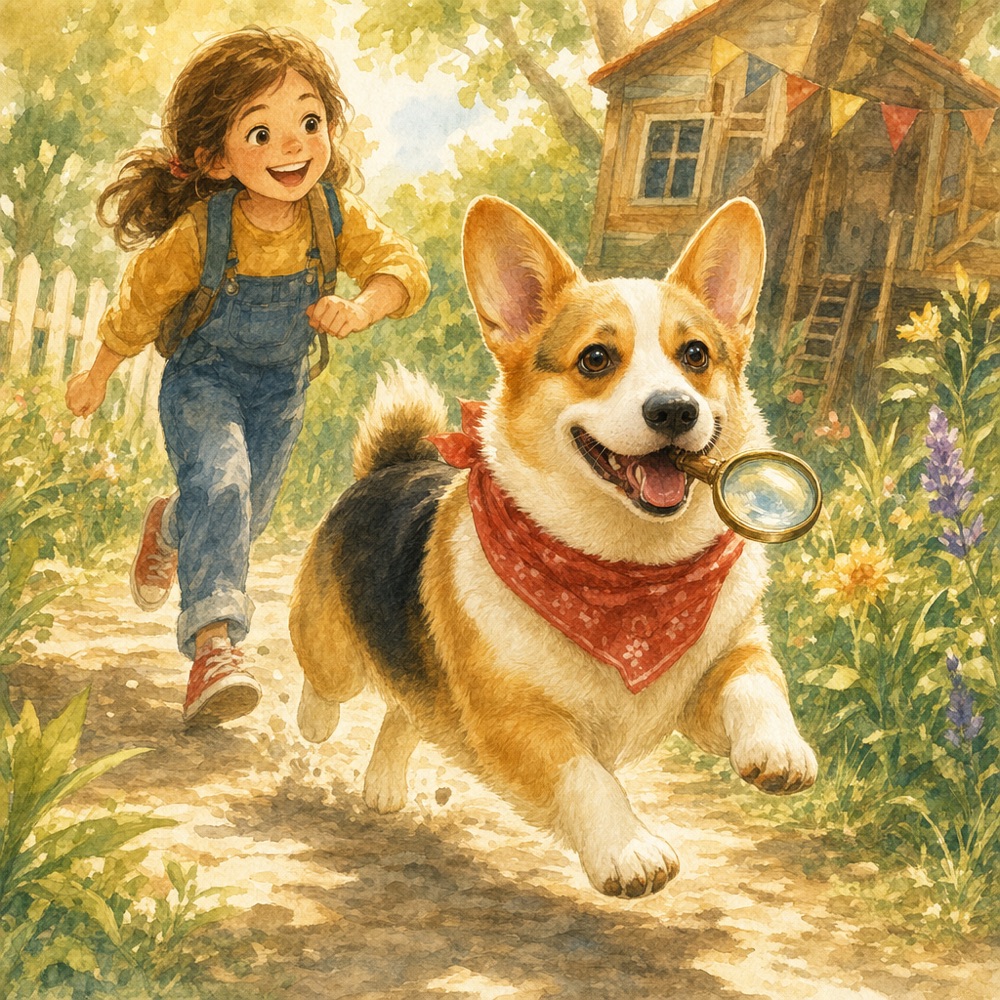 The Amazing Adventures — a corgi adventure storybook cover painted from a pet's photo